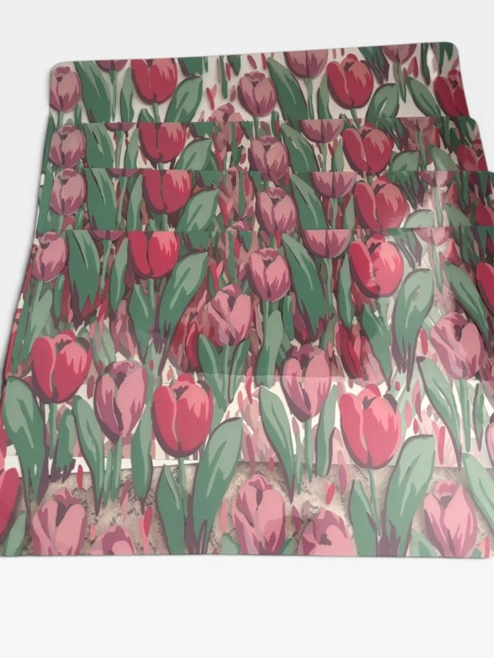 Set Of 4 Clear Vinyl Placemats Clear With Red & Pink Tulip Design